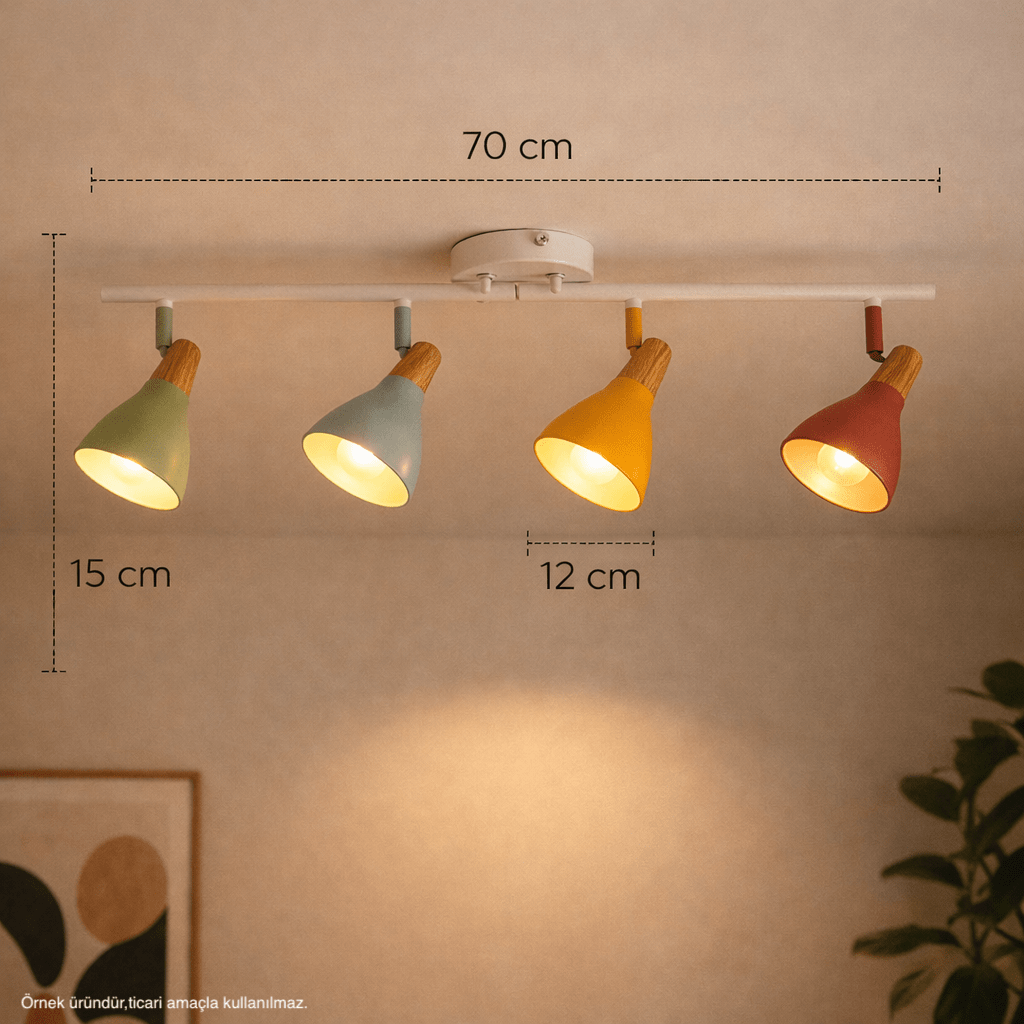 Renkli Ahşap Detaylı 4’lü Ray Spot Aydınlatma